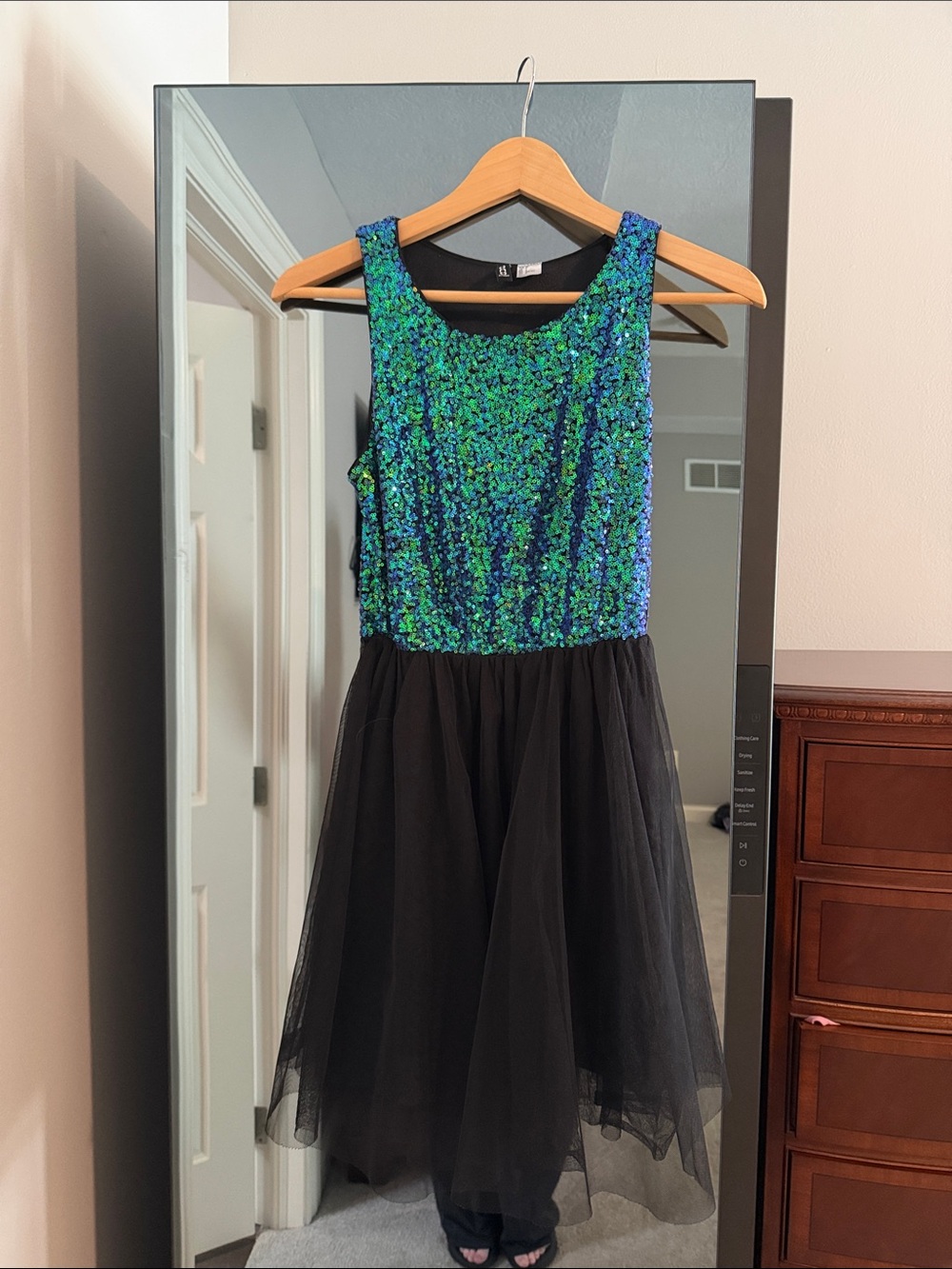 Divided Blue-Green Sequin Tank Dress with Black Tulle Skirt